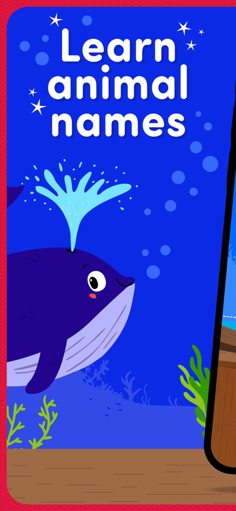 A purple cartoon whale in an underwater scene with text that says Learn animal names