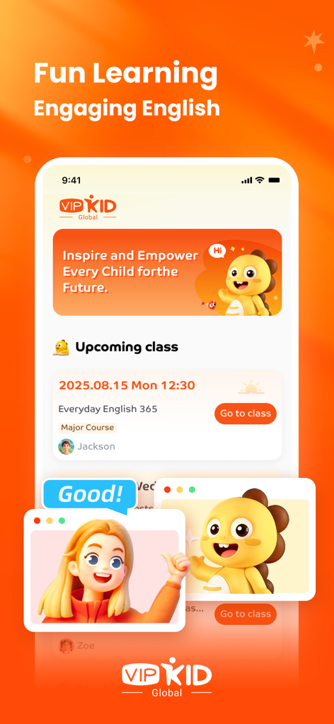 VIPKid - Interface de l'application globale VIPKid montrant le programme des cours d'anglais à venir et le tableau de bord éducatif.
