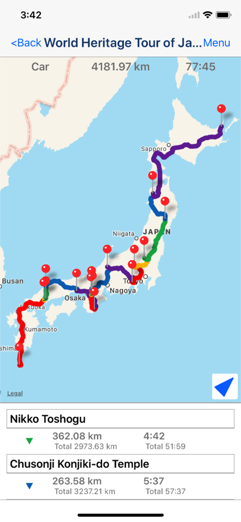 A multi-stop route map of Japan in the Route Maker app showing travel distance and time for a heritage tour.