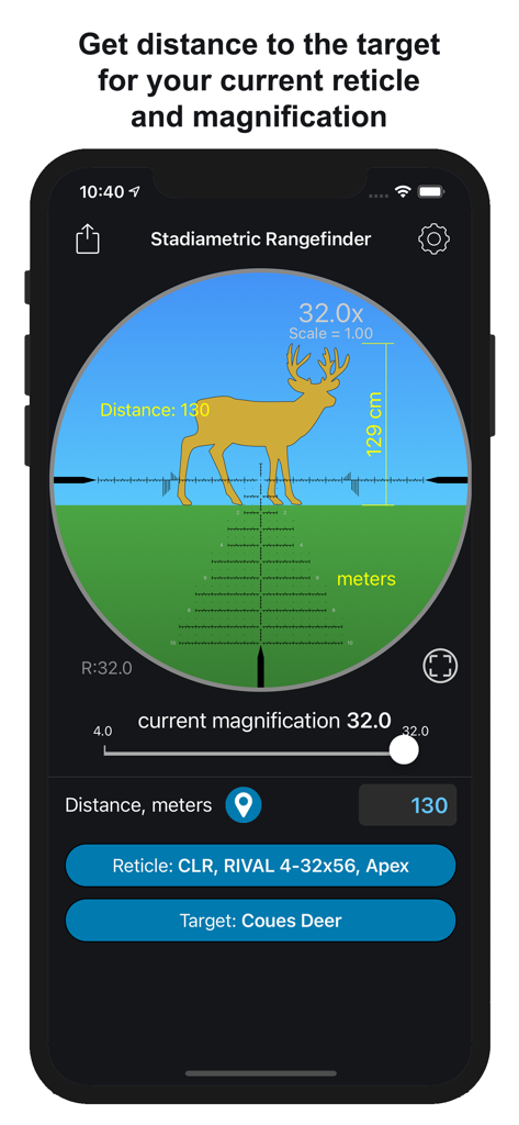Stadiametric Rangefinder - Stadiametric Rangefinder app interface showing distance calculation to a deer using a riflescope reticle