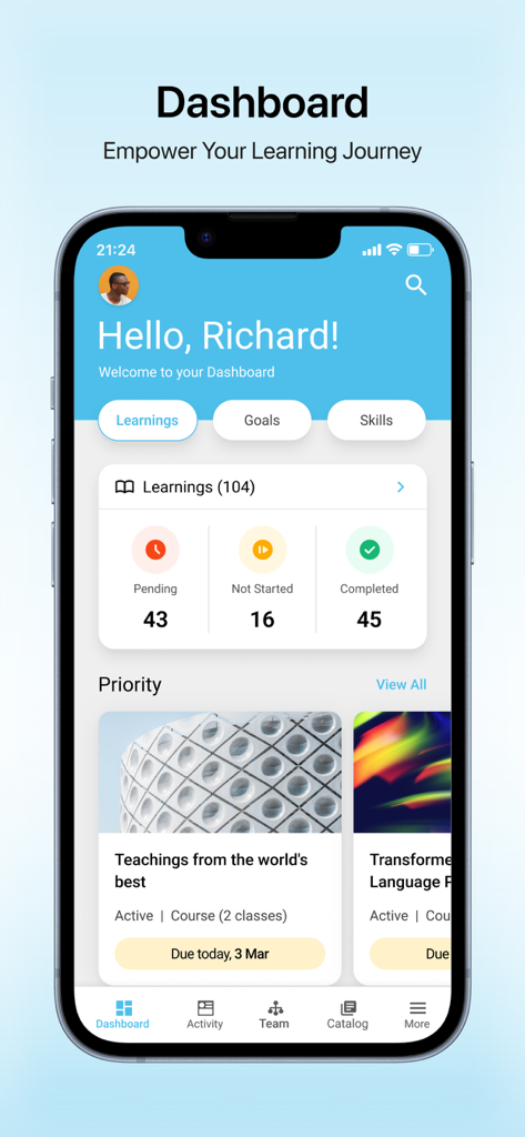 Cornerstone Saba mobile App Dashboard mit Lernfortschritt, Zielen und beruflichen Fähigkeiten