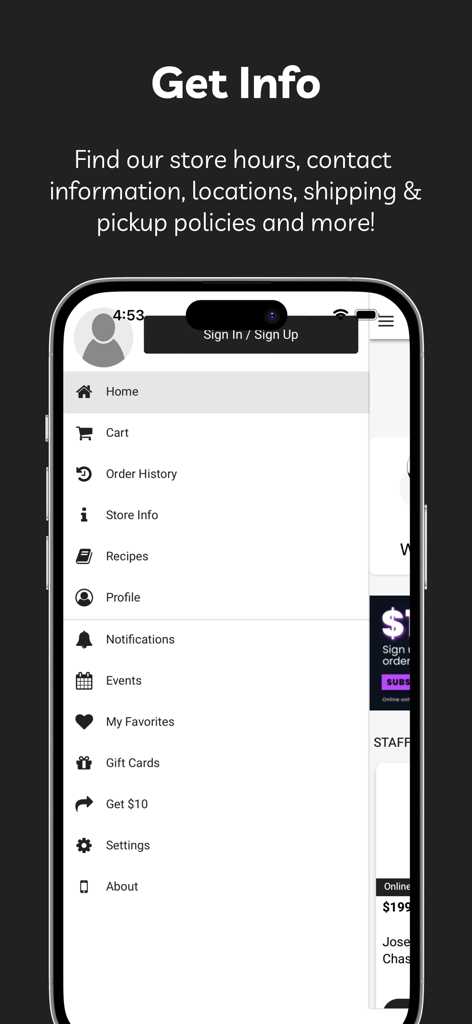 Delancey Wine & Spirits - The navigation sidebar of the Delancey Wine and Spirits mobile app featuring links to store info and account settings