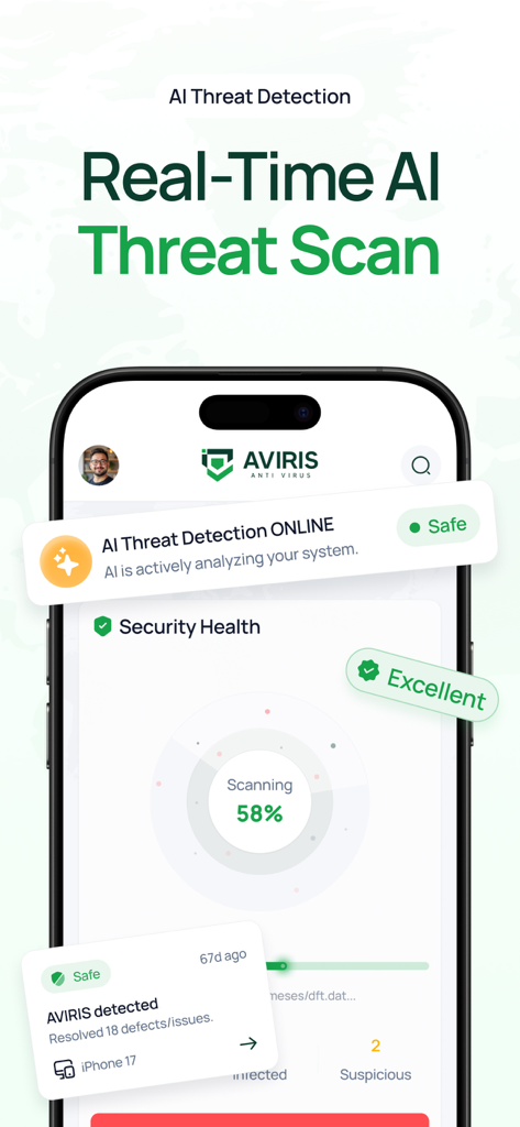 AVIRIS: Mobile Security, VPN - Smartphone screen displaying the AVIRIS app conducting a real-time AI threat scan with a security health check