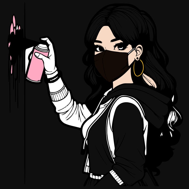 realistic girl with mask spray painting a wall