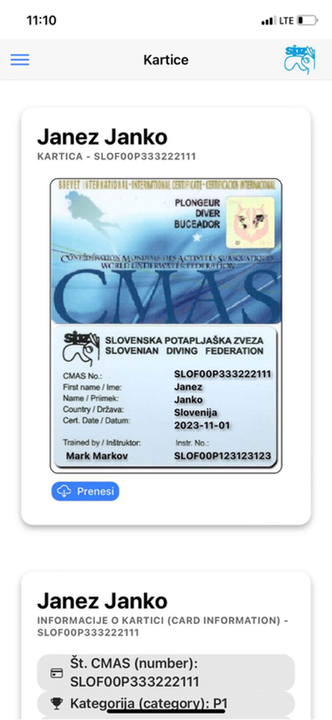 SPZ App - A digital scuba diving certification card within the SPZ App displaying diver details and CMAS credentials.