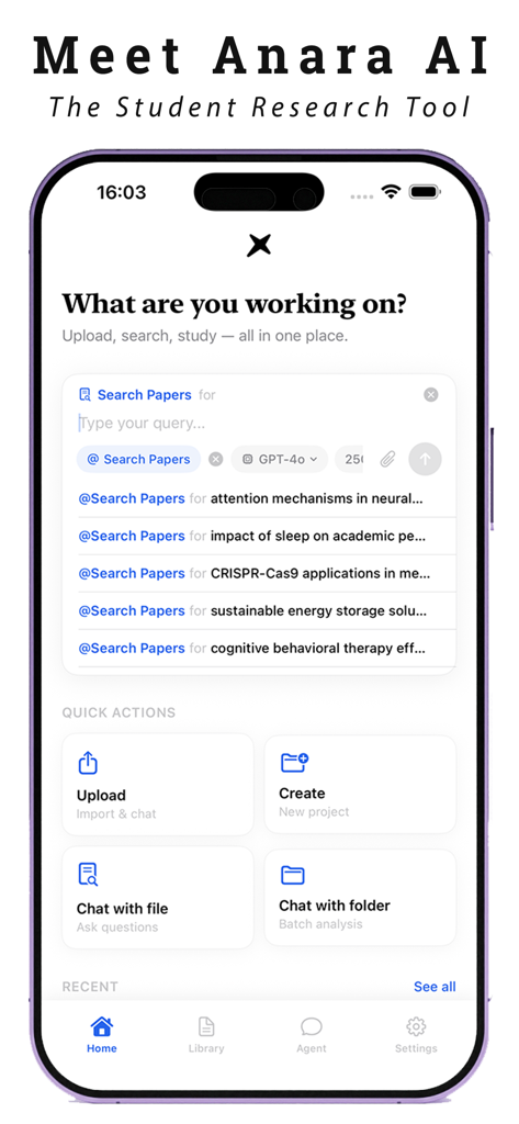 Anara AI Research Papers - Anara AI app home screen displaying research paper search bar and quick action tools for academic studies