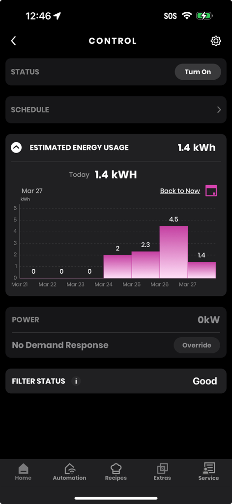 SmartHQ app interface displaying a bar chart of daily energy usage and filter status