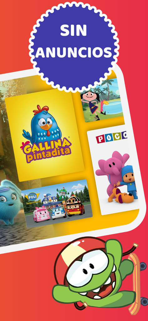 Interfaz de la aplicación KidsBeeTV Español destacando contenido sin publicidad con dibujos animados populares como Gallina Pintadita y Pocoyó