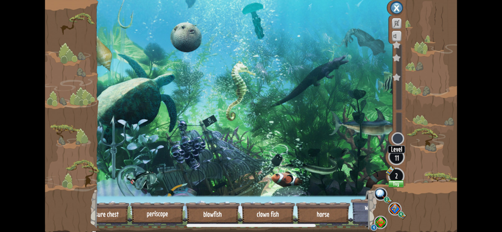 Hidden Express - An underwater hidden object scene in Hidden Express featuring a sea turtle, seahorse, and a clue train at the bottom.