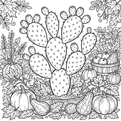 Celebrate the beauty of fall with this unique Prickly Pear Cactus coloring page, nestled among a bountiful autumn harvest. Explore a festive scene filled with seasonal gourds, pumpkins, and falling leaves, ready for your creative touch.