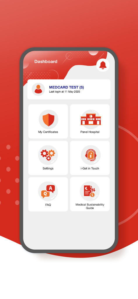 GETCare - GETCare mobile app dashboard display showing navigation icons for My Certificates, Panel Hospital, Settings, and FAQ.