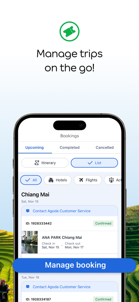 Agoda app interface showing a confirmed hotel booking in Chiang Mai under the manage trips section