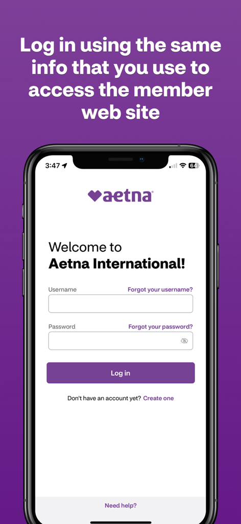 Aetna International mobile app login screen featuring username and password fields