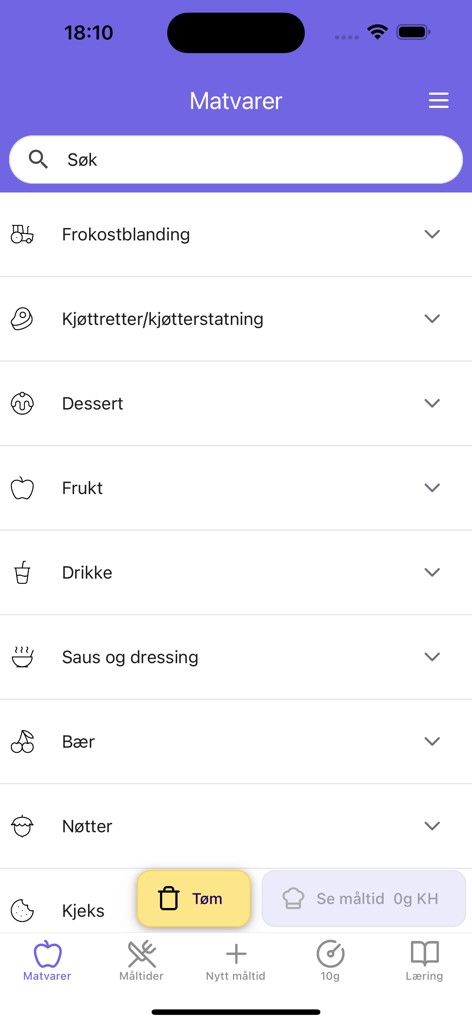 Interfaccia mobile dell'app Karbo and Insulin che mostra varie categorie di alimenti per il monitoraggio dei carboidrati.