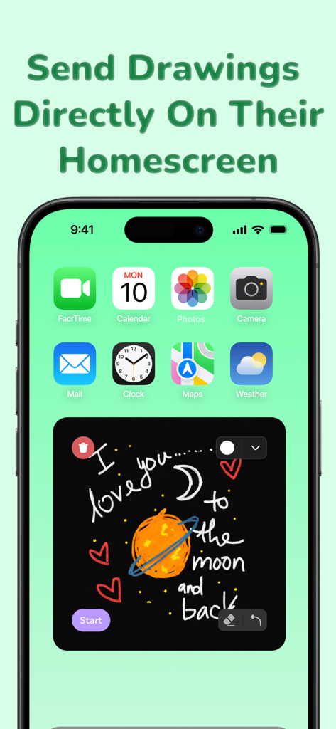 Uma tela inicial do iPhone mostrando um widget de bilhete de amor desenhado à mão para casais