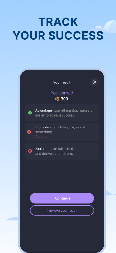 French language learning app screen showing vocabulary quiz results and earned coins