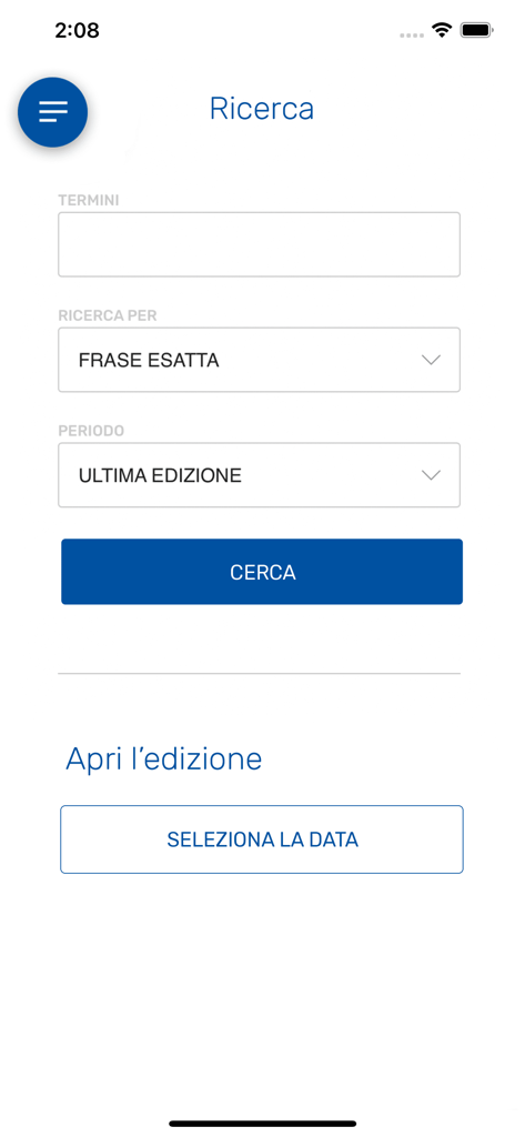 MF Milano Finanza - Search interface of the MF Milano Finanza app showing fields for keywords search and edition date selection.