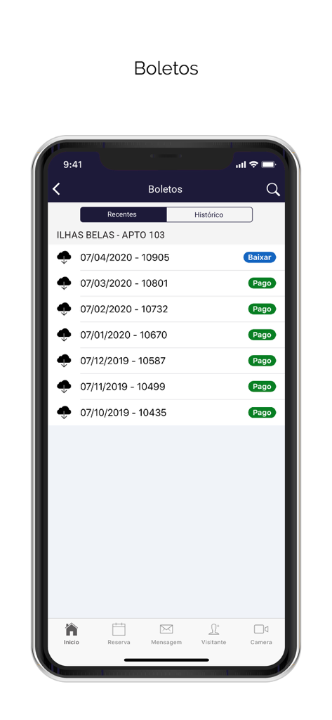 Verti Administradoraアプリの画面。月次HOA料金と支払い状況のリストを表示。