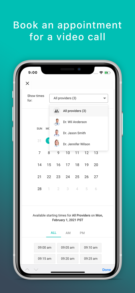 Skin App - Online Dermatology - Oberfläche der Haut-App, die einen Kalender und eine Liste von Dermatologen zur Buchung einer Video-Konsultation anzeigt
