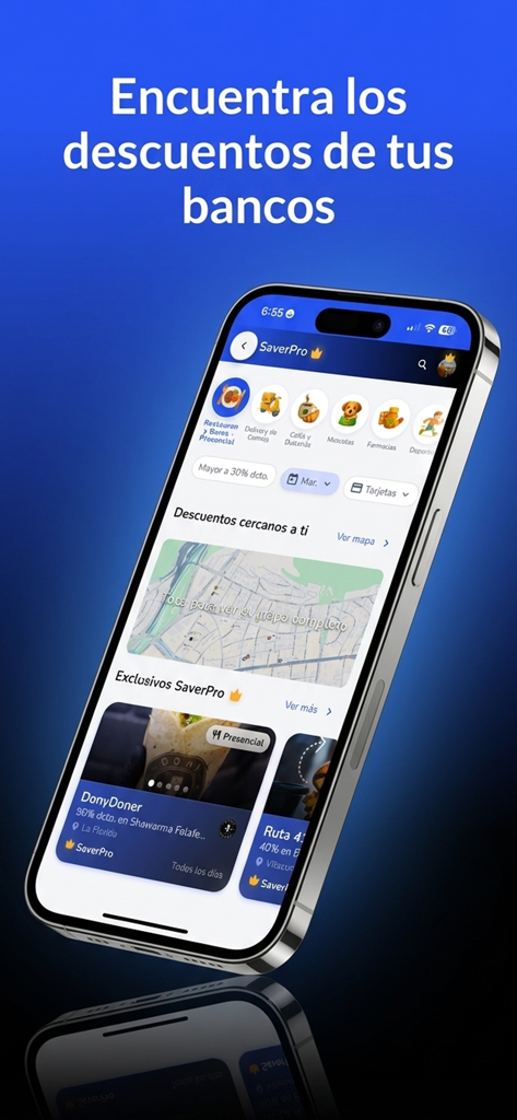 SaveMoneyCL - Interfaz de la aplicación móvil SaveMoneyCL que muestra descuentos bancarios y recompensas cercanas.