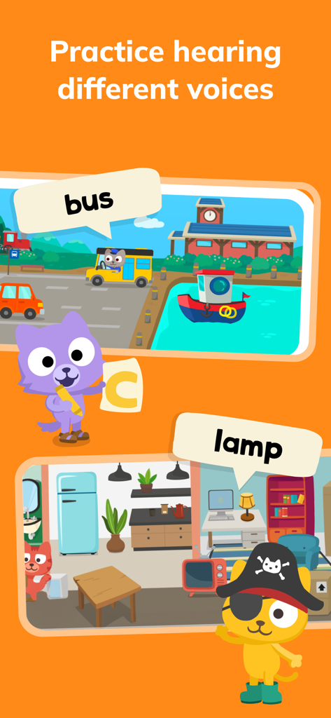 Learn English – Studycat - 多様なキャラクターの声で語彙練習を行う、子供向けのインタラクティブな英語学習シーン