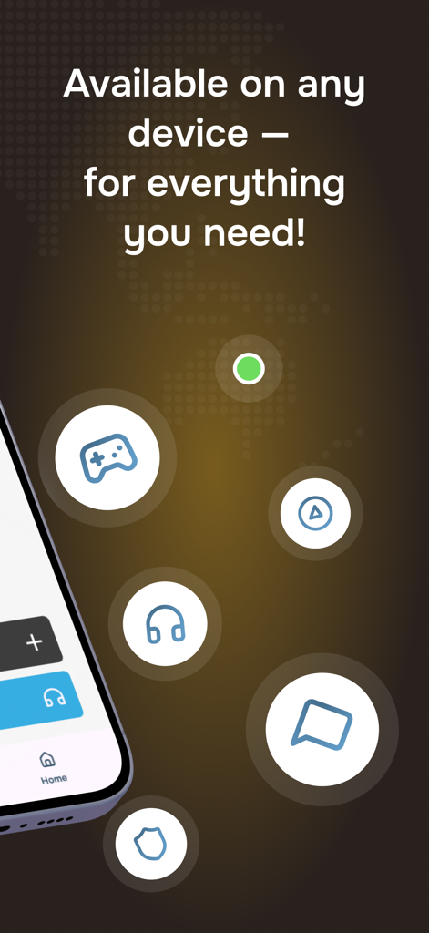 Buddy VPN app interface showing icons for gaming streaming and secure communication on any device