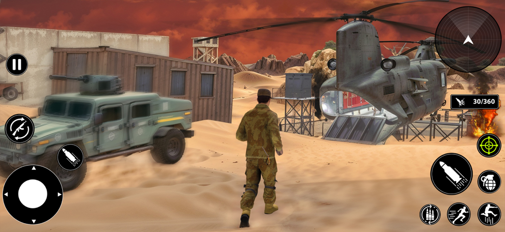 Elite Soldier: War Survival - A commando in desert camouflage walking toward a military helicopter and vehicle in a warzone