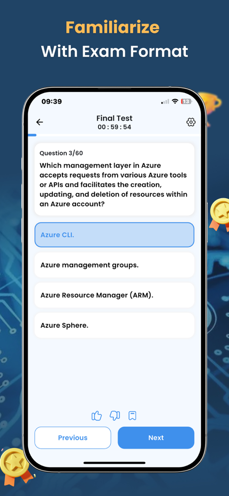 AZ-900 practice test app showing a final test question for Azure Fundamentals certification