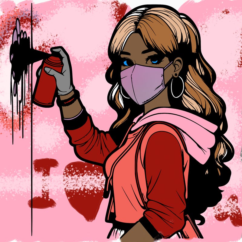 realistic girl with mask spray painting a wall