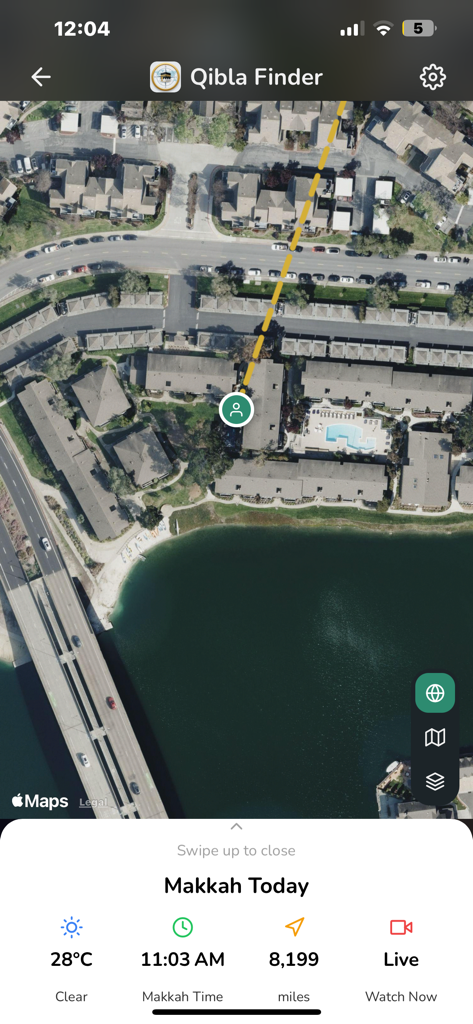 Qibla Finder One - Satellite map view in the Qibla Finder One app showing the direction to Mecca with local Makkah weather and time information