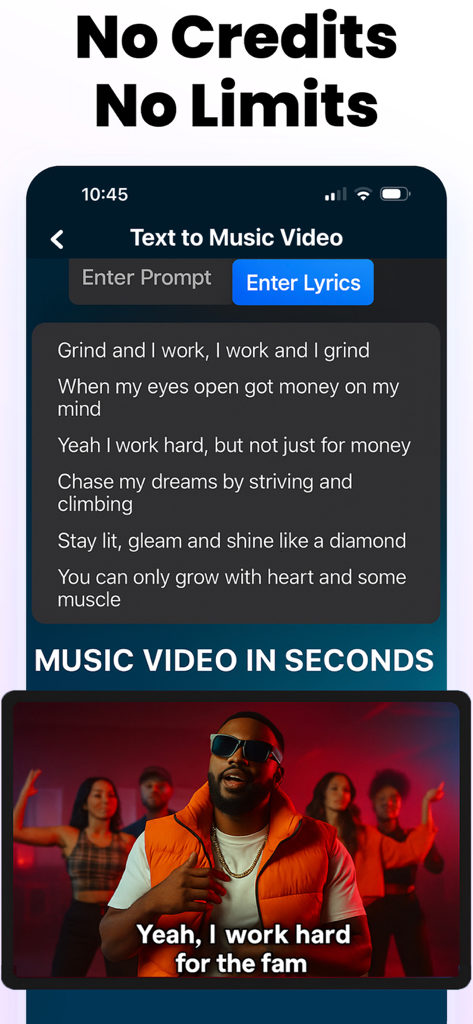 Rap AI - Make Music Videos - Rap AI app interface showing how to generate a music video from text lyrics with no credits or limits.