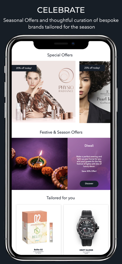 Smazing Marketplace - Interface of Smazing Marketplace app displaying seasonal offers for luxury beauty products and watches with a Diwali festive promotion.