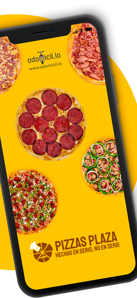 Pizzas Plaza - La aplicación móvil Pizzas Plaza muestra una variedad de pizzas sobre un fondo amarillo.