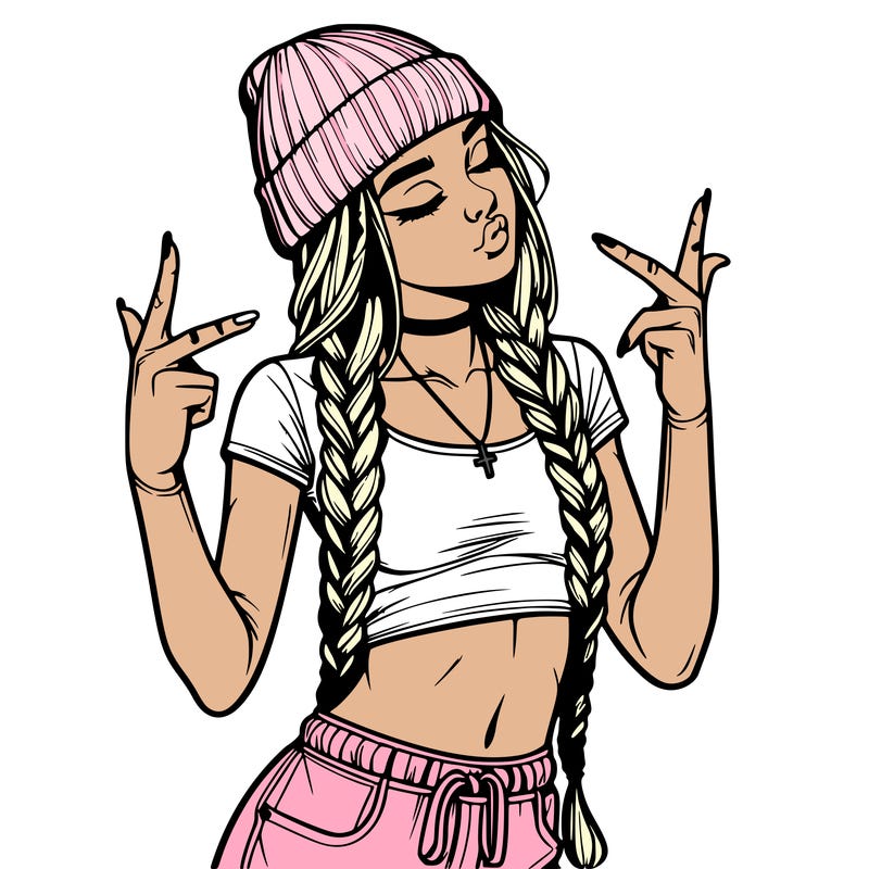 realistic teenage girl with braids and a beanie and crop top doing 🫶🏼