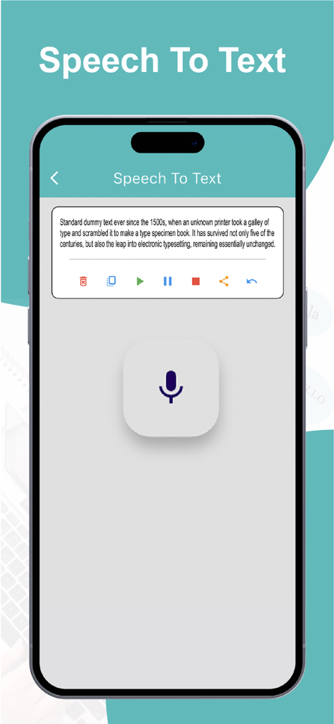 Type & Pronounce Spell Checker - Type and Pronounce app interface showing the Speech To Text feature with a microphone icon and transcribed text