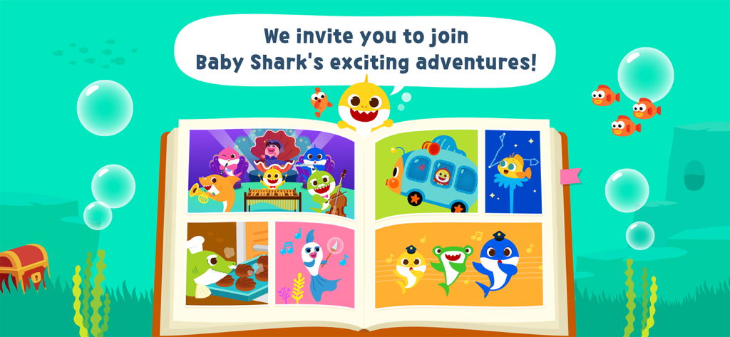 Pinkfong Baby Shark Storybook - Pinkfong Baby Shark Storybook app interface showing an open book with various underwater adventure stories.
