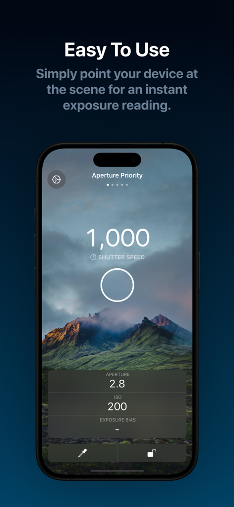 Light Meter Ultra - Pantalla de la aplicación Light Meter Ultra que muestra una lectura de exposición instantánea en modo de Prioridad de Apertura para fotografía manual