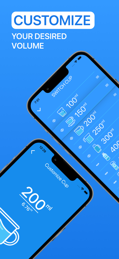Water Now: Daily Drink Tracker - iPhone screens showing the customization of drink volumes in the Water Now hydration tracker app