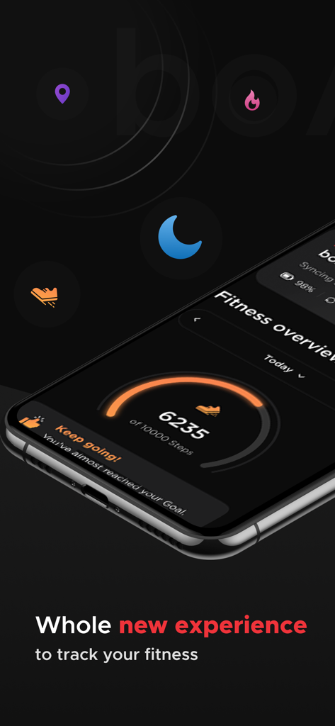 boAt Crest - iPhone에서 boAt Crest 앱 인터페이스가 일일 걸음 수 측정기와 피트니스 개요 대시보드를 표시합니다.