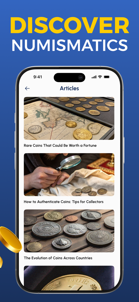 Coin Scanner & Identifier App - Sección de artículos en la aplicación Escáner e Identificador de Monedas que presenta guías y consejos de numismática