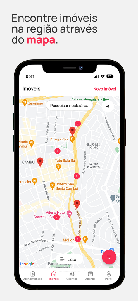 Kenlo Imob - Interface do aplicativo móvel Kenlo Imob mostrando listas de imóveis em um mapa interativo com marcadores.