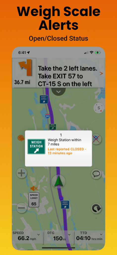 A mobile navigation screen from SmartTruckRoute showing real time weigh scale alerts and status.