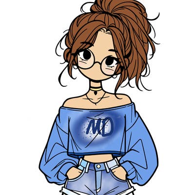 girl with a messy ponytail glasses a baggy crop top and jean shorts