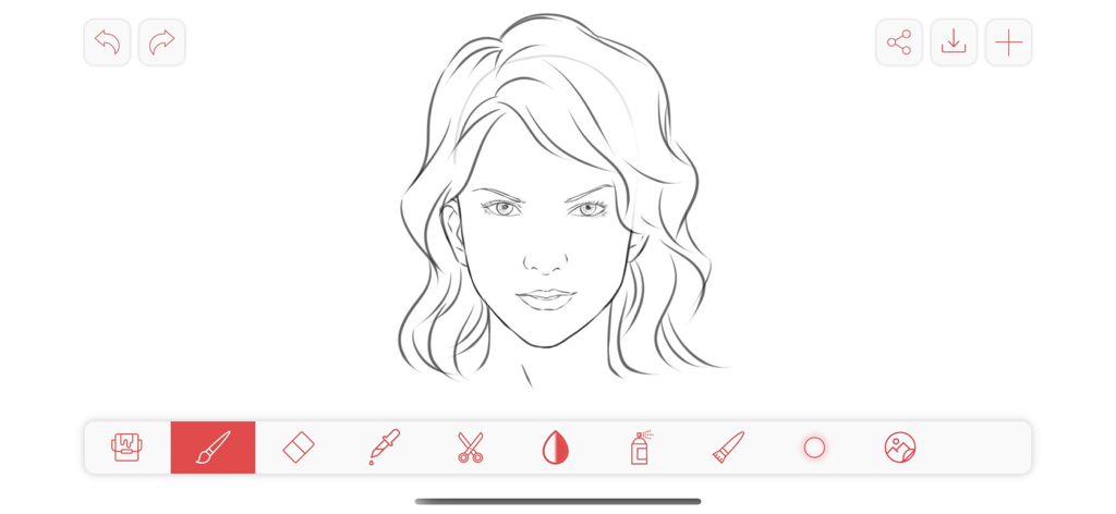 A black and white line drawing of a woman's face on a digital canvas with a creative tool interface