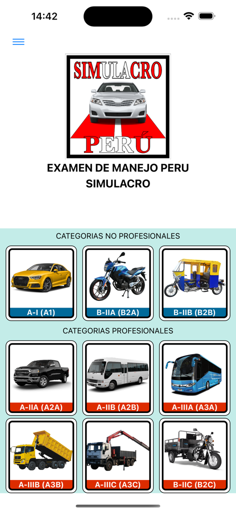 Menú principal de la aplicación Simulacro Examen Peru mostrando varias categorías de licencias de conducir profesionales y no profesionales.