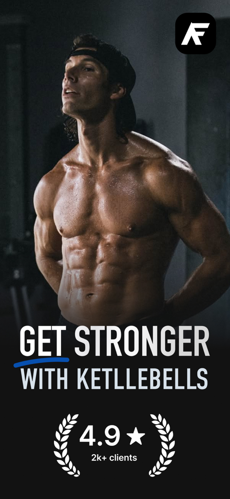 AFFit Kettlebell Workouts - A muscular man showcasing fitness results on the AFFit Kettlebell Workouts app main screen