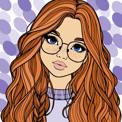 girl with long hair and freckles and glasses realistic