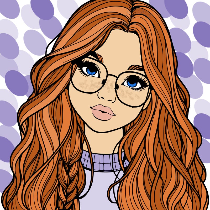 girl with long hair and freckles and glasses realistic