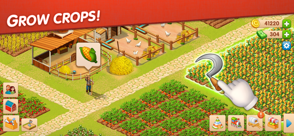 Homesteads: Dream Farm & Town - Eine Hand benutzt eine Sichel, um Mais auf einem Bauernhof im Wild-West-Stil im Handyspiel Homesteads zu ernten.