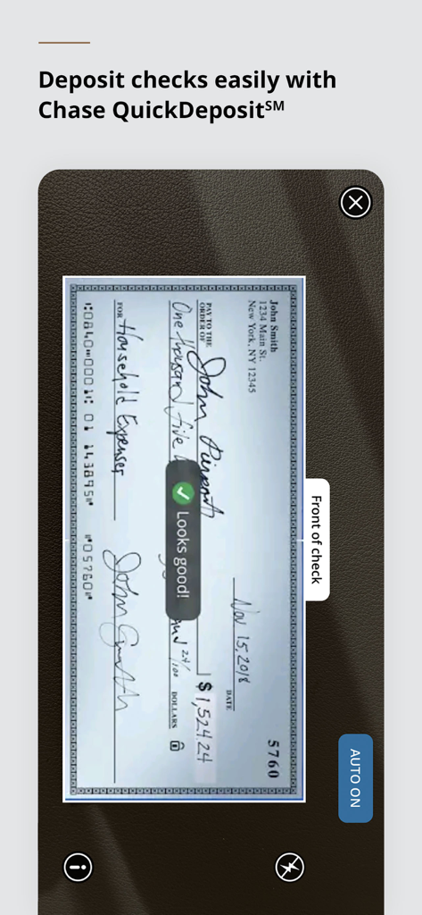 J.P. Morgan Mobile - J.P. Morgan Mobile app interface showing a check being scanned for a mobile deposit with Chase QuickDeposit.
